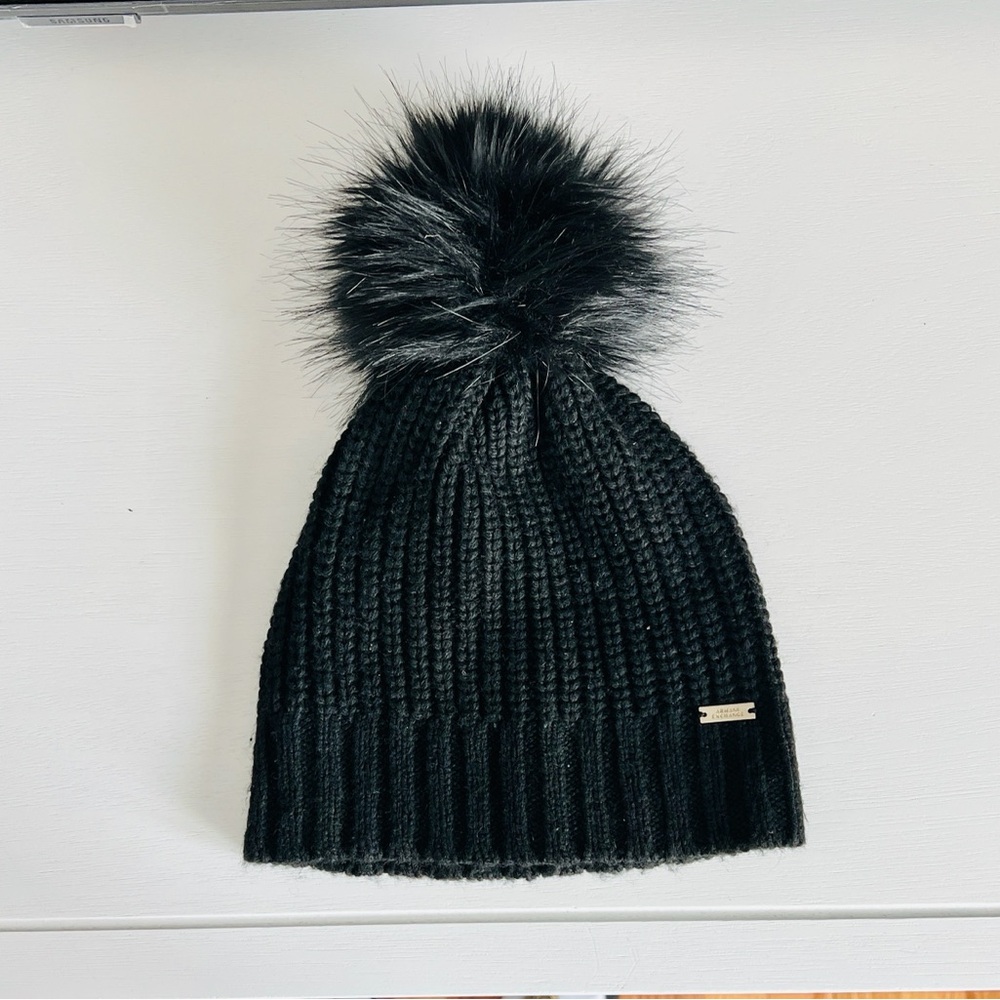 Armani Exchange black pompom topped wool beanie